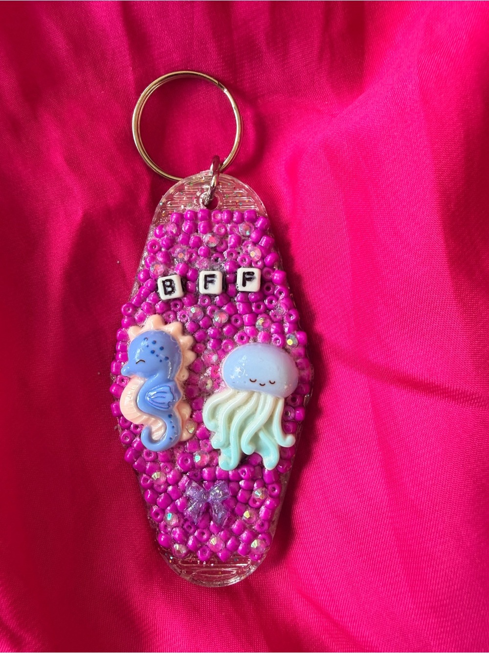 Handmade Pink Beaded Keychain with Sea Creatures